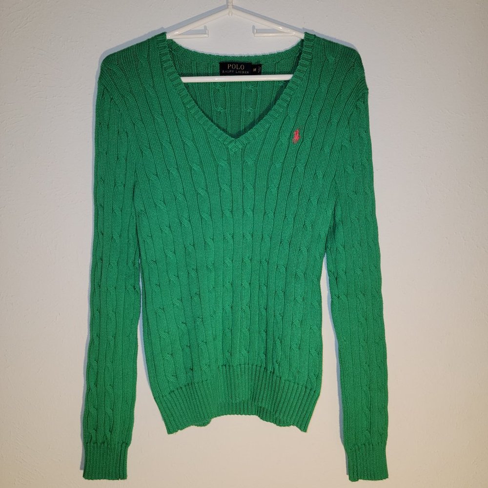 Ralph Lauren Sport Womens Sweater Cable Knit Size M Mint Green V Neck Cotton